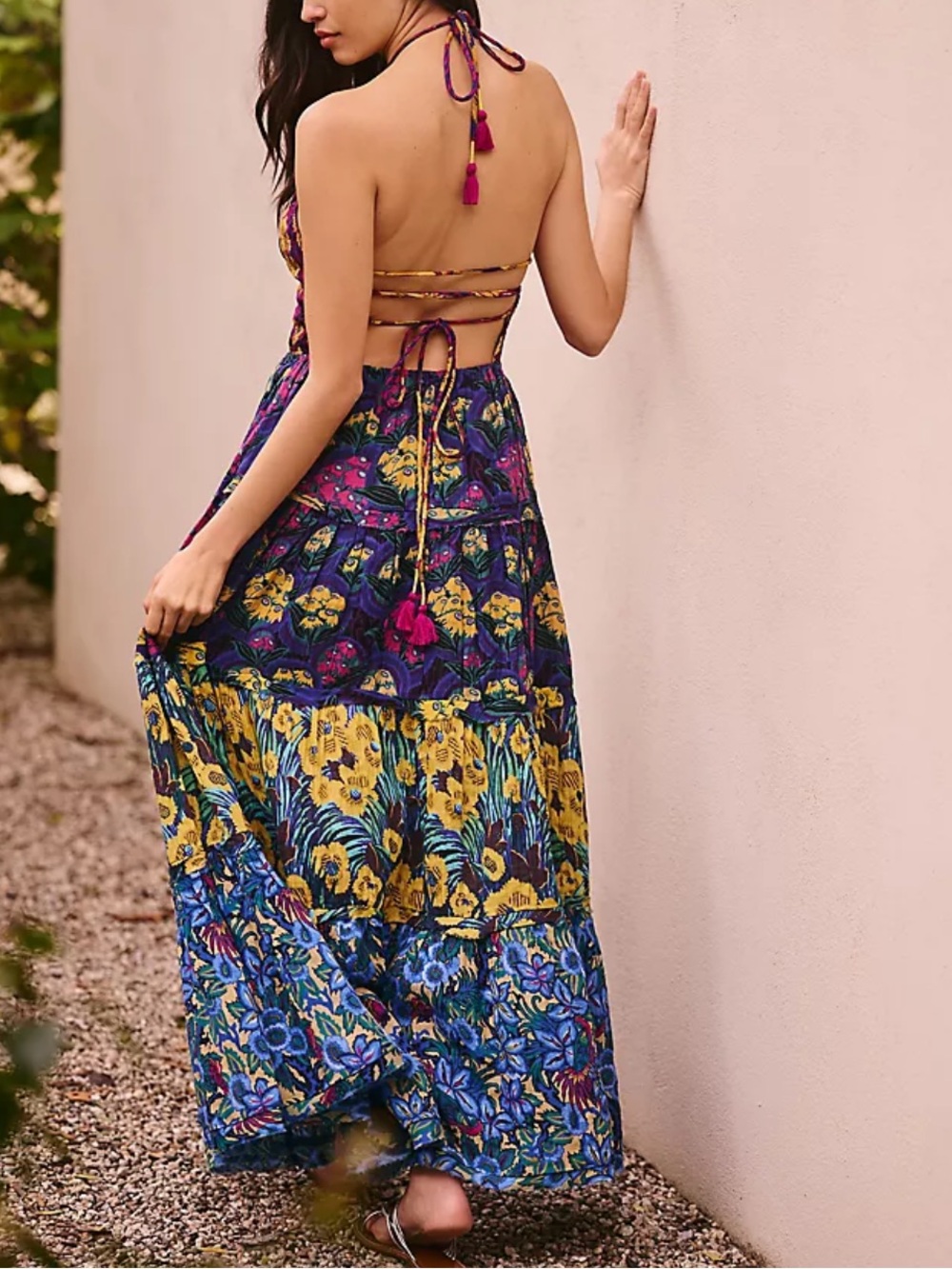 Anthropologie Floral Halter Tiered Maxi Dress in Yellow, Blue & Purple Medium